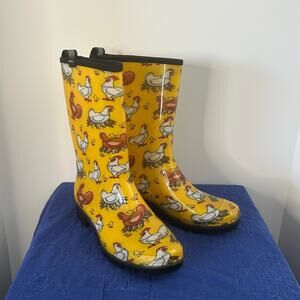 Hunter Chicken Print Rain Boots Youth 7 Womens 8 Yellow Farm Barnyard Cute